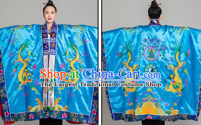 Traditional Chinese Embroidered Blue Silk Gown Priest Frock Martial Arts Costumes China Taoism Taoist Nun Tai Chi Garment for Women