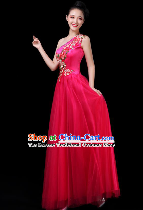 Traditional Chinese Chorus Costumes Stage Show Modern Dance Garment Opening Dance Rosy Single Shoulder Dress for Women