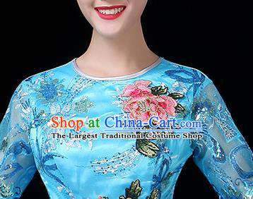 Traditional Chinese Chorus Costumes Stage Show Modern Dance Garment Opening Dance Blue Veil Dress for Women
