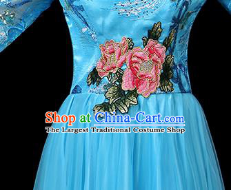 Traditional Chinese Chorus Costumes Stage Show Modern Dance Garment Opening Dance Blue Veil Dress for Women