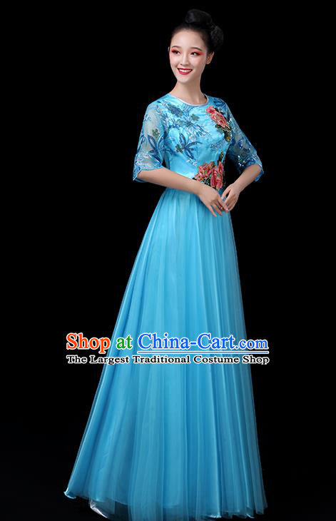 Traditional Chinese Chorus Costumes Stage Show Modern Dance Garment Opening Dance Blue Veil Dress for Women
