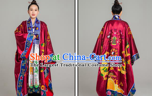 Traditional Chinese Embroidered Purplish Red Silk Gown Priest Frock Martial Arts Costumes China Taoism Taoist Nun Tai Chi Garment for Women