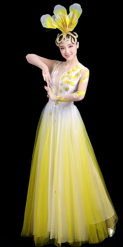 Traditional Chinese Jasmine Flower Dance Costumes Stage Show Modern Dance Garment Opening Dance Yellow Veil Dress and Headwear for Women