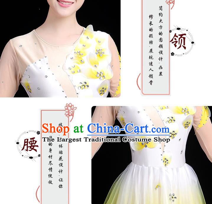 Traditional Chinese Jasmine Flower Dance Costumes Stage Show Modern Dance Garment Opening Dance Yellow Veil Dress and Headwear for Women