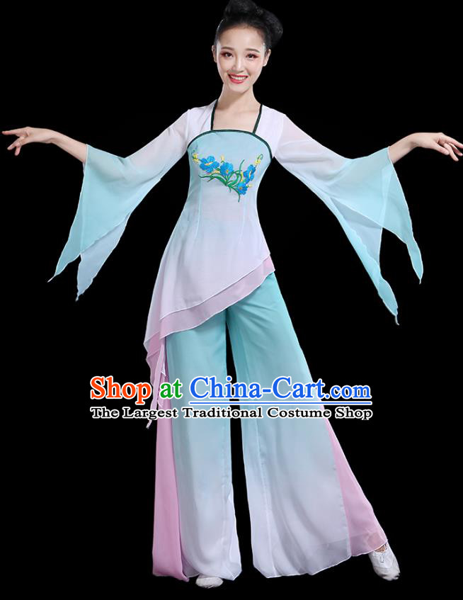 Traditional Chinese Fan Dance Costumes Stage Show Classical Dance Garment Umbrella Dance Blue Blouse and Pants for Women