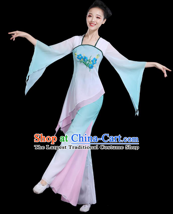 Traditional Chinese Fan Dance Costumes Stage Show Classical Dance Garment Umbrella Dance Blue Blouse and Pants for Women