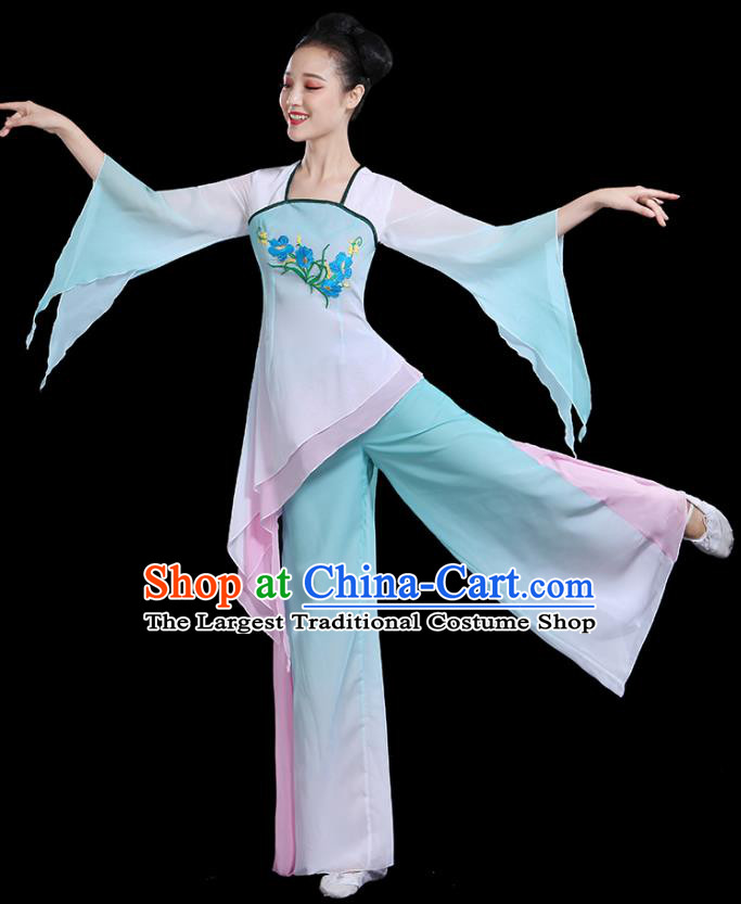 Traditional Chinese Fan Dance Costumes Stage Show Classical Dance Garment Umbrella Dance Blue Blouse and Pants for Women