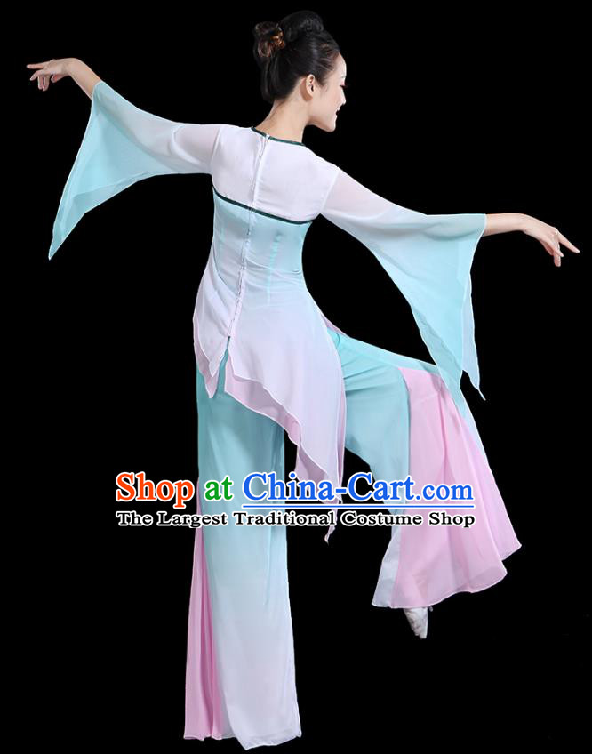 Traditional Chinese Fan Dance Costumes Stage Show Classical Dance Garment Umbrella Dance Blue Blouse and Pants for Women