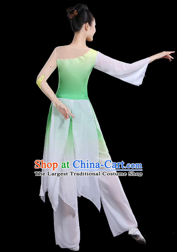 Traditional Chinese Fan Dance Costumes Stage Show Classical Dance Garment Umbrella Dance Green Blouse and Pants for Women