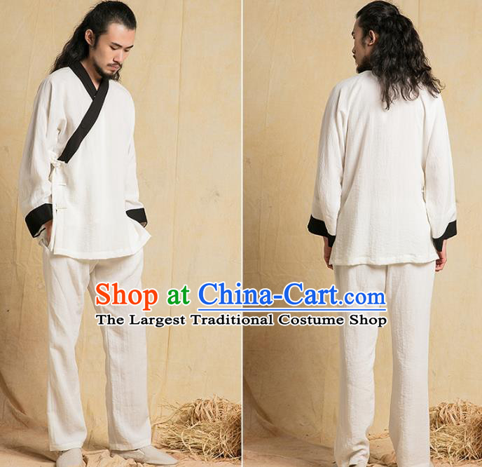 Top Grade Chinese Tai Chi Competition Uniforms Kung Fu Martial Arts Training Costume Shaolin Gongfu White Flax Blouse and Pants for Men