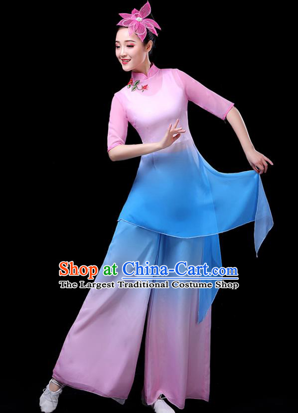 Traditional Chinese Classical Dance Costumes Stage Show Fan Dance Garment Umbrella Dance Blue Blouse and Pants for Women