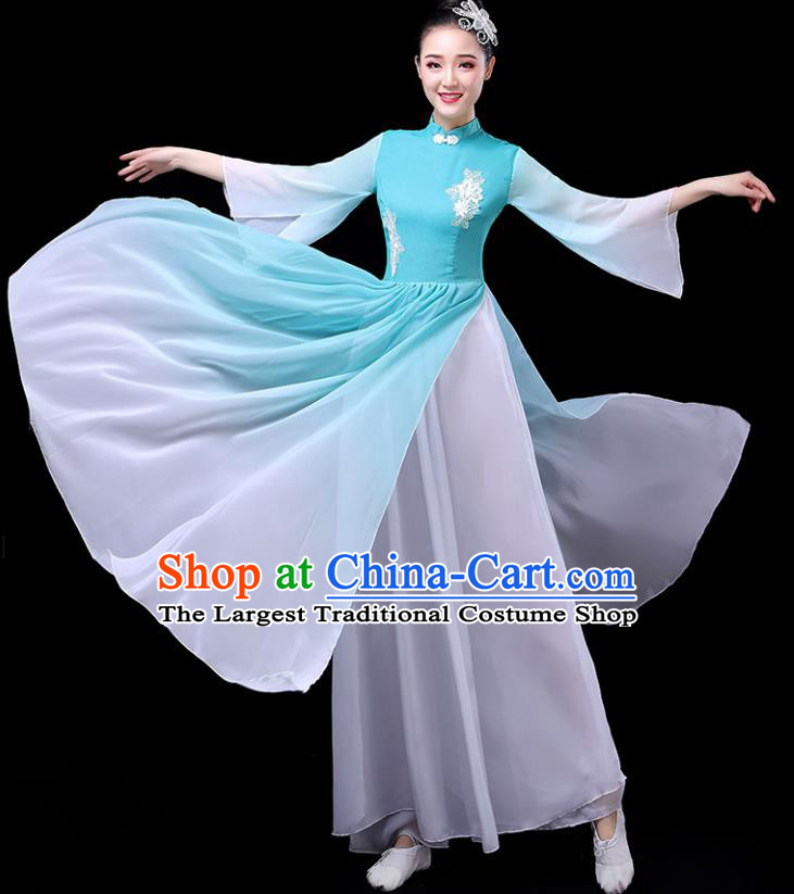 Traditional Chinese Umbrella Dance Costumes Stage Show Fan Dance Garment Classical Dance Blue Dress for Women