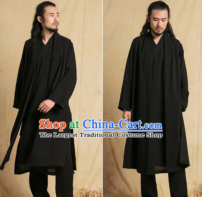 Top Grade Chinese Taoist Uniforms Kung Fu Martial Arts Competition Costume Shaolin Gongfu Black Flax Cape Blouse and Pants for Men