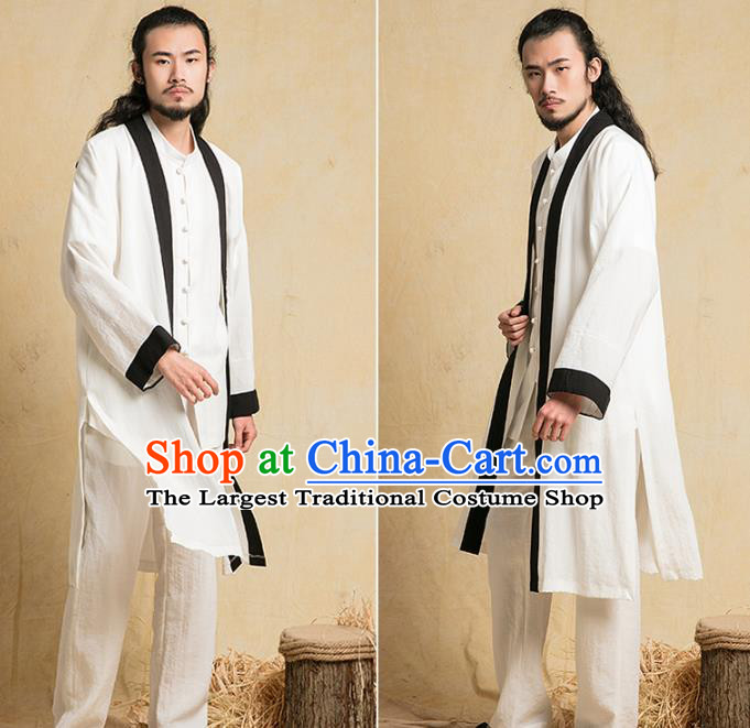 Top Grade Chinese Taoist Uniforms Kung Fu Martial Arts Competition Costume Shaolin Gongfu White Flax Cape Blouse and Pants for Men