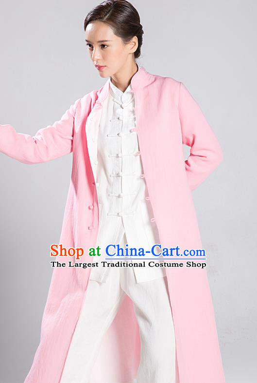 Traditional Chinese Tang Suit Reversible Dust Coat Costumes China Martial Arts Flax Garment White and Pink Overcoat for Women