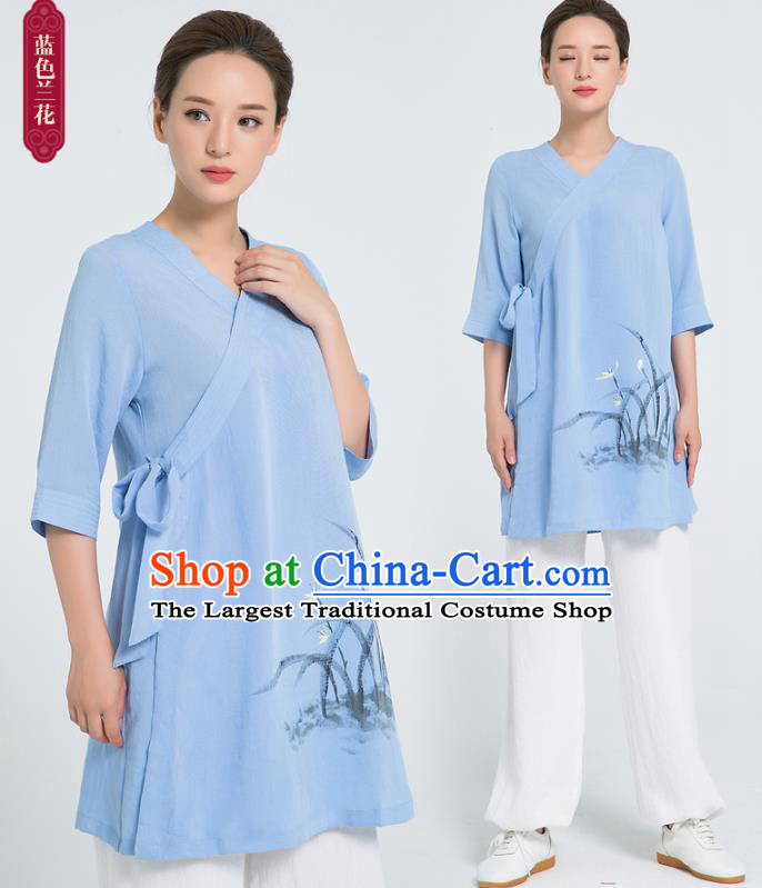 Professional Chinese Hand Painting Orchid Blue Flax Blouse and Pants Kung Fu Costumes Tai Chi Training Garment Outfits for Women