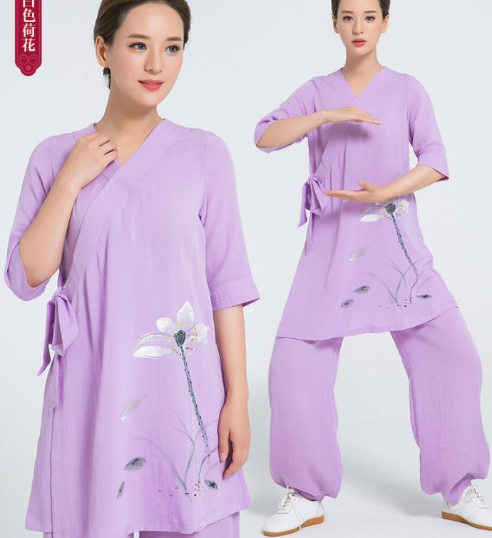 Professional Chinese Hand Painting Lotus Lilac Flax Blouse and Pants Kung Fu Costumes Tai Chi Training Garment Outfits for Women