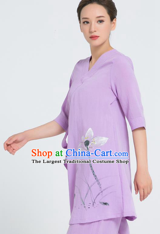 Professional Chinese Hand Painting Lotus Lilac Flax Blouse and Pants Kung Fu Costumes Tai Chi Training Garment Outfits for Women