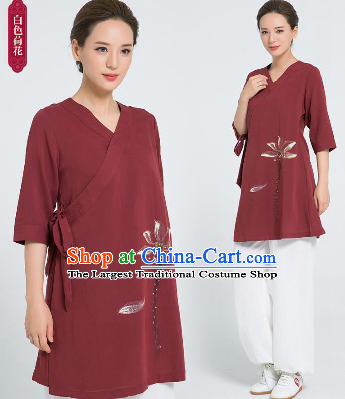 Professional Chinese Hand Painting Lotus Wine Red Flax Blouse and Pants Kung Fu Costumes Tai Chi Training Garment Outfits for Women