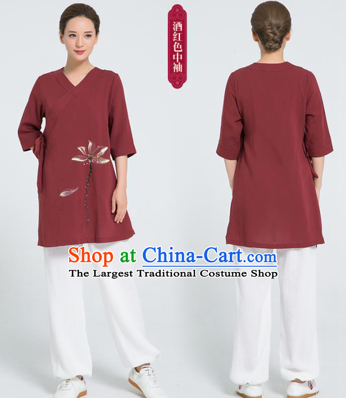 Professional Chinese Hand Painting Lotus Wine Red Flax Blouse and Pants Kung Fu Costumes Tai Chi Training Garment Outfits for Women