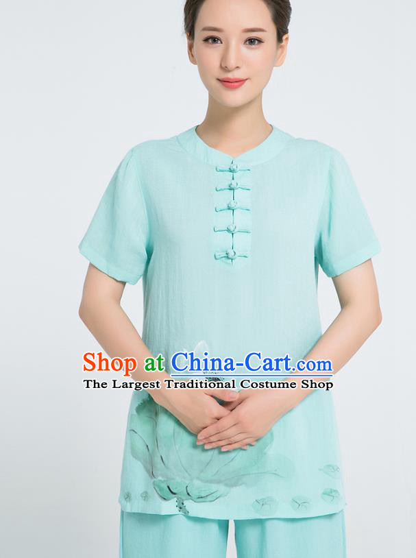 Professional Chinese Tai Chi Hand Painting Lotus Green Flax Blouse and Pants Costumes Kung Fu Training Garment Martial Arts Outfits for Women