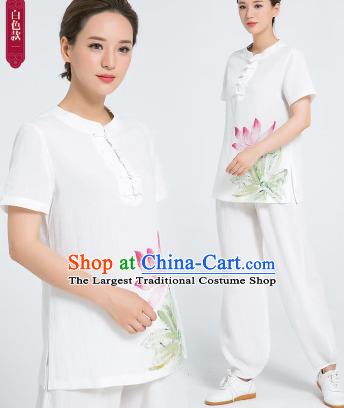 Professional Chinese Tai Chi Hand Painting Lotus White Flax Blouse and Pants Costumes Kung Fu Training Garment Martial Arts Outfits for Women