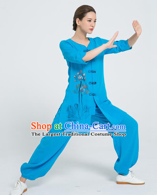Professional Chinese Martial Arts Hand Painting Lotus Blue Flax Blouse and Pants Costumes Kung Fu Training Garment Tai Chi Outfits for Women