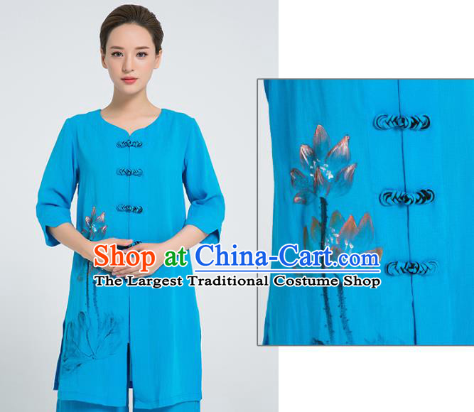 Professional Chinese Martial Arts Hand Painting Lotus Blue Flax Blouse and Pants Costumes Kung Fu Training Garment Tai Chi Outfits for Women