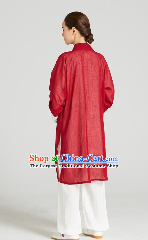 Professional Chinese Kung Fu Garment Wudang Tai Chi Training Outfits Traditional Red Flax Cloak Blouse and Pants Costumes for Women