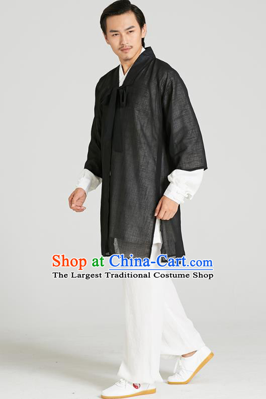 Top Grade Chinese Wudang Tai Chi Training Uniforms Kung Fu Competition Costume Martial Arts Black Cardigan Shirt and Pants for Men