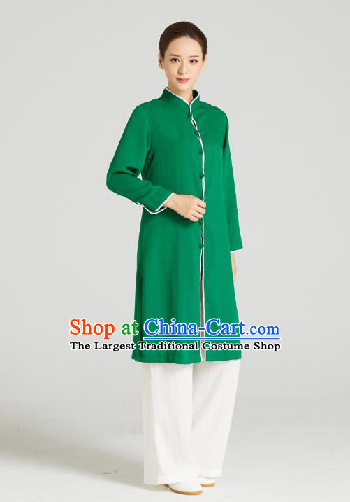 Professional Chinese Kung Fu Garment Wudang Tai Chi Training Outfits Traditional Green Linen Blouse and Pants Costumes for Women
