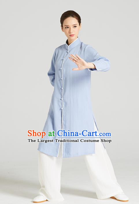 Professional Chinese Kung Fu Garment Wudang Tai Chi Training Outfits Traditional Blue Linen Blouse and Pants Costumes for Women