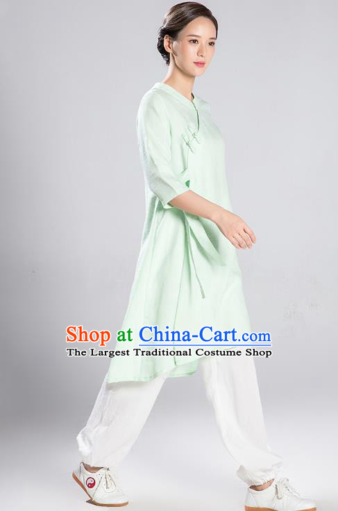 Professional Chinese Wudang Tai Chi Training Outfits Traditional Light Green Flax Blouse and Pants Costumes Kung Fu Garment for Women