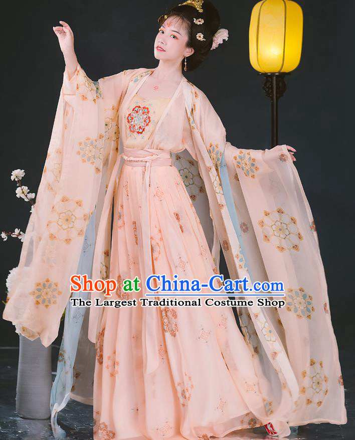 Traditional Chinese Tang Dynasty Imperial Concubine Historical Costumes Ancient Noble Woman Hanfu Garment Pink Cloak Blouse Camisole and Skirt Full Set