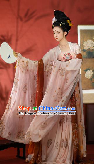 Traditional Chinese Tang Dynasty Historical Costumes Ancient Court Female Hanfu Garment Pink Chiffon Cloak Blouse and Dress Complete Set