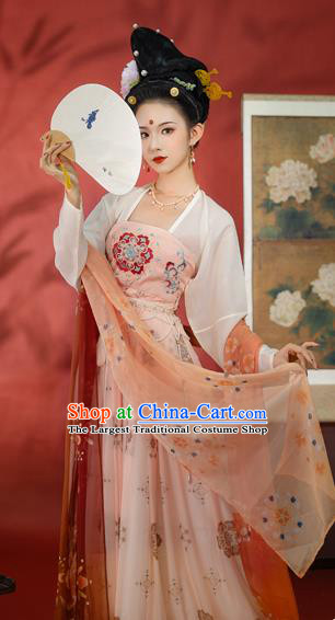 Traditional Chinese Tang Dynasty Historical Costumes Ancient Court Female Hanfu Garment Pink Chiffon Cloak Blouse and Dress Complete Set