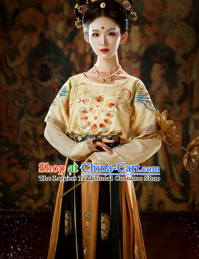 Chinese Ancient Tang Dynasty Flying Apsaras Goddess Hanfu Embroidered Half Sleeved Garment Blouse and Skirt Historical Costumes Full Set