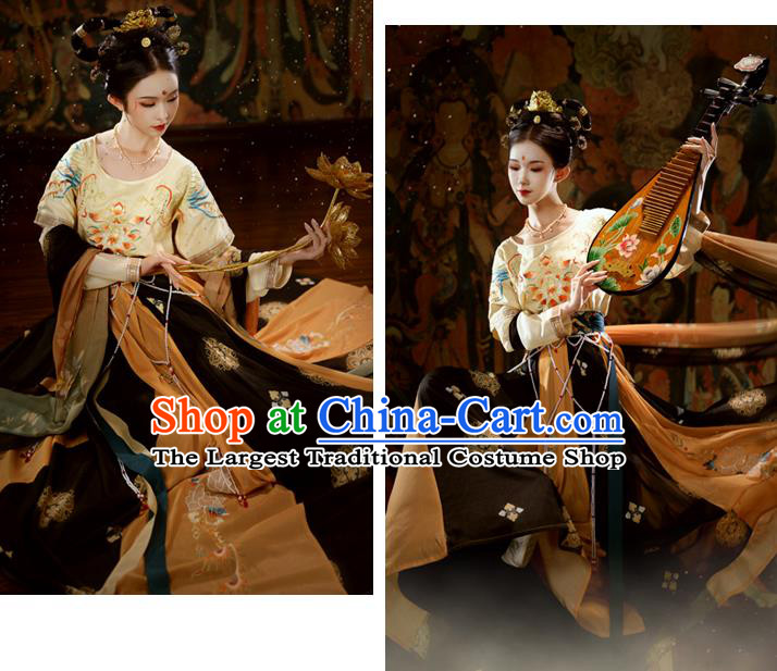 Chinese Ancient Tang Dynasty Flying Apsaras Goddess Hanfu Embroidered Half Sleeved Garment Blouse and Skirt Historical Costumes Full Set
