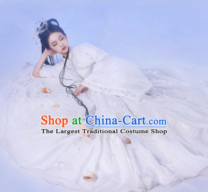 Chinese Ancient Hanfu Garment Jin Dynasty Royal Princess Embroidered White Cape Blouse and Skirt Costumes Full Set