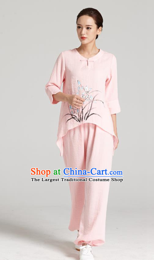 Professional Chinese Traditional Hand Painting Orchid Pink Flax Blouse and Pants Costumes Kung Fu Garment Wudang Tai Chi Training Outfits for Women