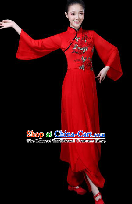 Traditional Chinese Fan Dance Costumes Stage Show Folk Dance Garment Classical Dance Red Dress and Pants for Women