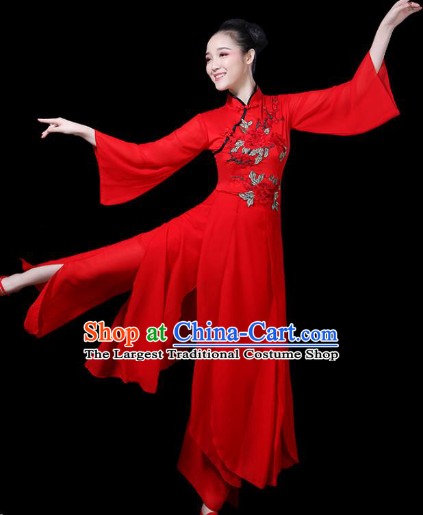 Traditional Chinese Fan Dance Costumes Stage Show Folk Dance Garment Classical Dance Red Dress and Pants for Women