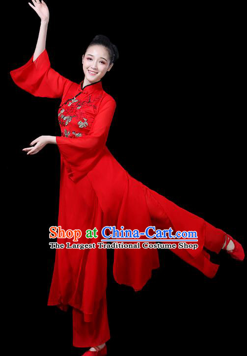 Traditional Chinese Fan Dance Costumes Stage Show Folk Dance Garment Classical Dance Red Dress and Pants for Women