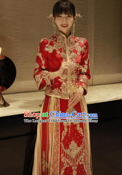 Chinese Traditional Wedding Drilling Costumes Bride Apparels Embroidered Red Blouse and Golden Dress Xiuhe Suits for Women