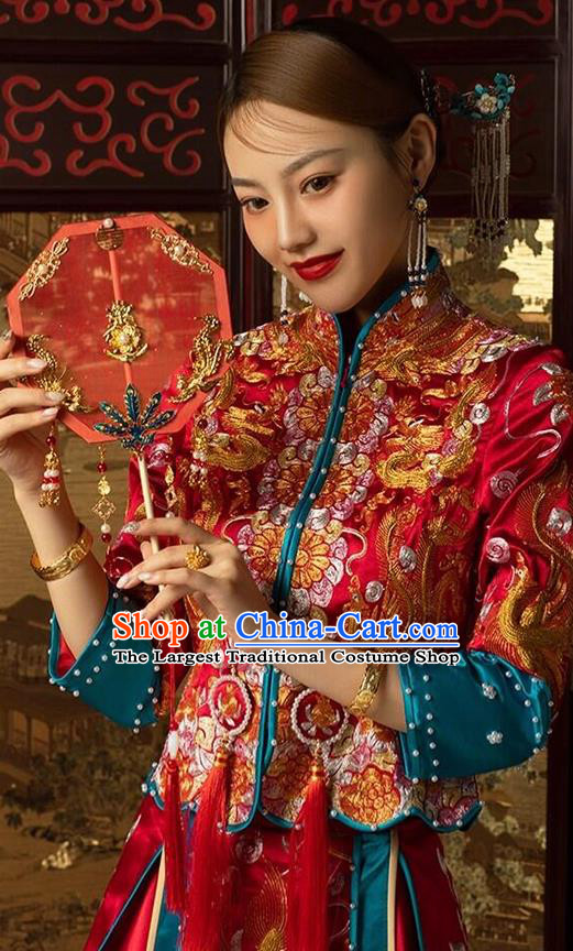 Chinese Traditional Wedding Costumes Bride Apparels Embroidered Xiuhe Suits Red Blouse and Dress for Women