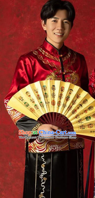 Top Chinese Traditional Bridegroom Wedding Costume Ancient Embroidered Clothing Tang Suit Red Mandarin Jacket and Black Gown for Men