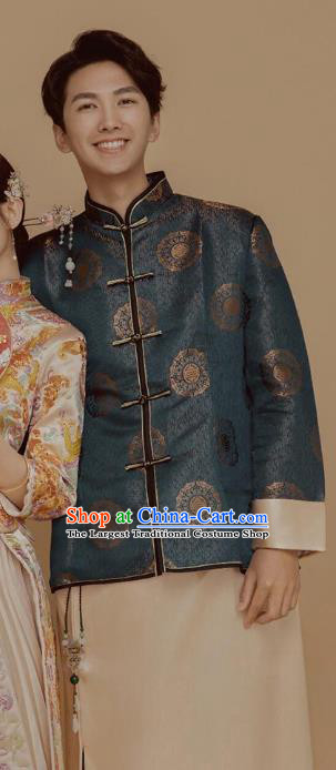 Top Chinese Traditional Wedding Costume Ancient Bridegroom Clothing Tang Suit Navy Mandarin Jacket and Beige Gown for Men