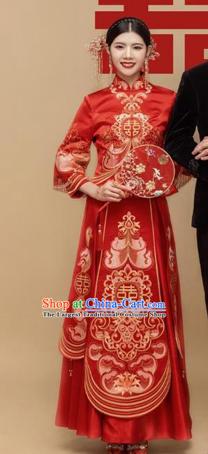 Chinese Traditional Wedding Bride Xiuhe Suits Apparels Embroidered Red Blouse and Dress Costumes for Women