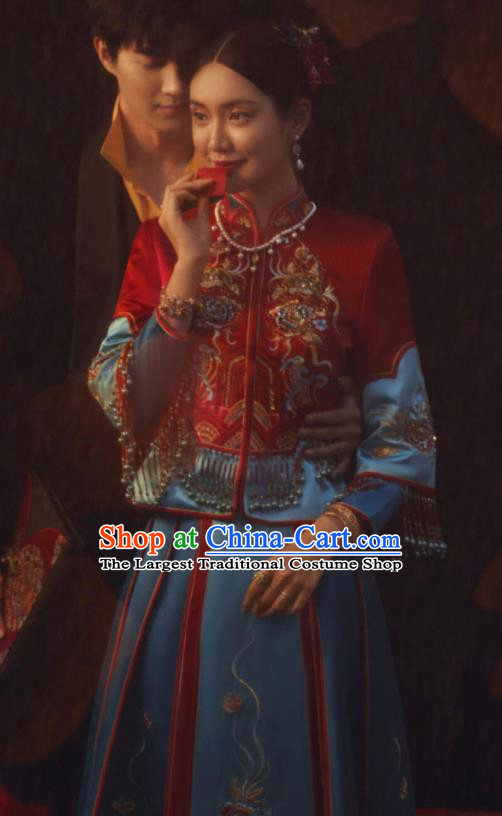 Chinese Traditional Wedding Bride Xiuhe Suits Apparels Embroidered Red Blouse and Blue Dress Costumes for Women