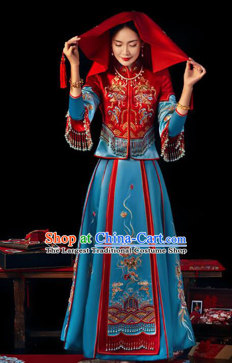 Chinese Traditional Wedding Bride Xiuhe Suits Apparels Embroidered Red Blouse and Blue Dress Costumes for Women